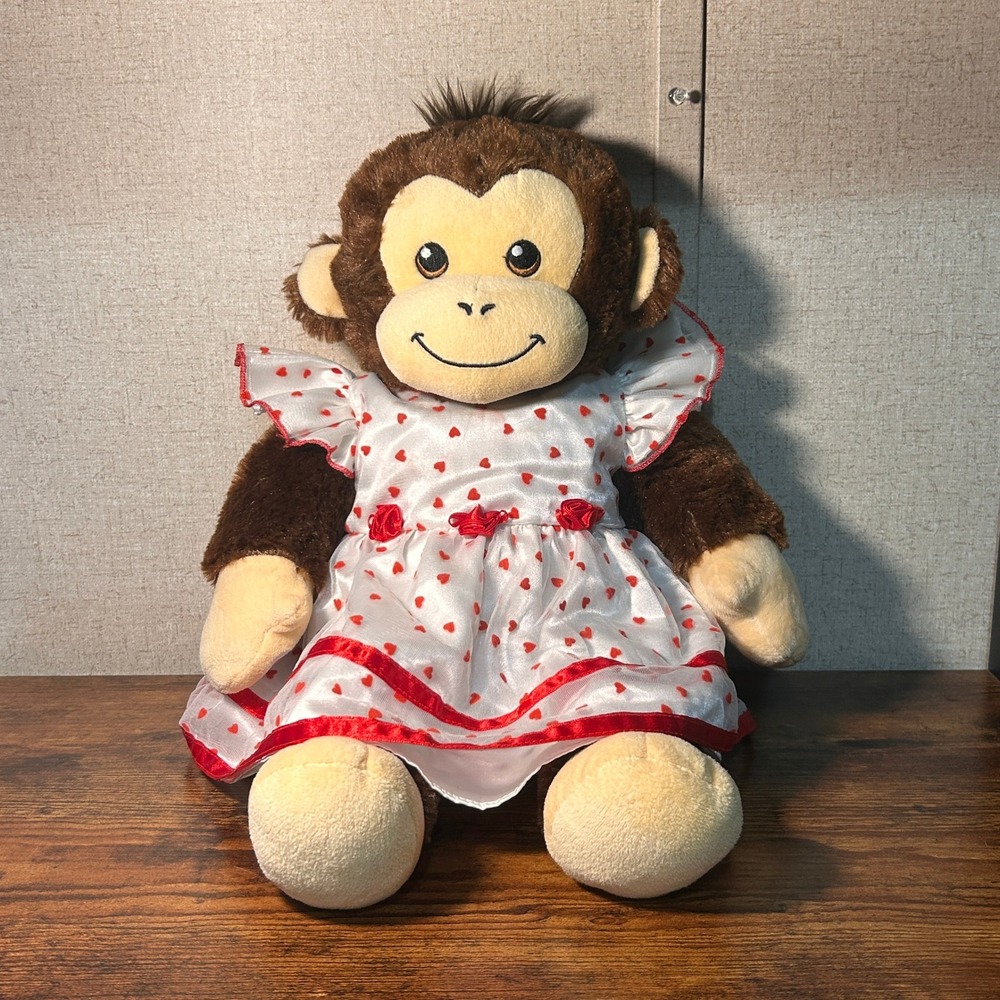 Build-A-Bear Brown Monkey Plush  Sound-Laughing Child Giggle-Heart Print Dress